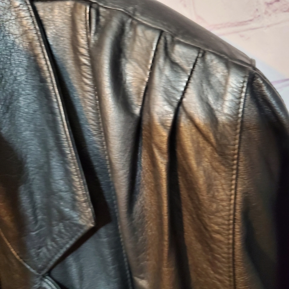 VINTAGE 80s LEATHER PELLE BLACK TRENCH COAT - Picture 6 of 11